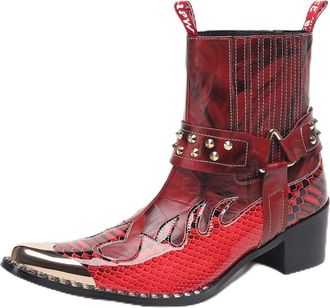 Generic Cowboy Boot for Men Dress Casual Genuine Leather Metal Tip Western Boots Fashion Motorcycle Chelsea Boots (Red,11.5)