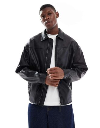 Asos Giacca bomber in pelle sintetica nera-Nero