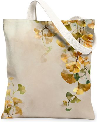 Generic Ginkgo Leaves Canvas Tote Bags, Botanical Art Pattern Reusable Grocery Bags, Autumn Vintage Lightweight Washable Shoulder S, Beige, 13x15 Inch