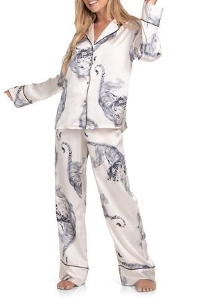 Midnight Bakery Tiger Satin Pajamas in Cream at Nordstrom, Size X-Large