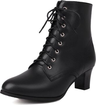 Generic Womens Mid-Calf Lace-Up Boots PU Leather Round Toe Block Heel White Black Stylish Comfortable For Party Casual And Daily Wear,Black,7.5 UK