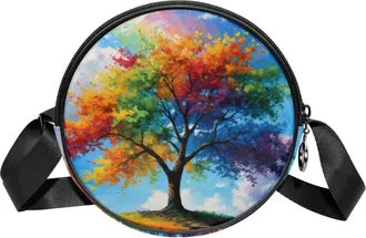Generic Circle Crossbody Bag for Women, Colorful Tree Small Sling Bag Daypack with Zipper Adjustable Shoulder Straps Casual Ladies Girls Round Purse