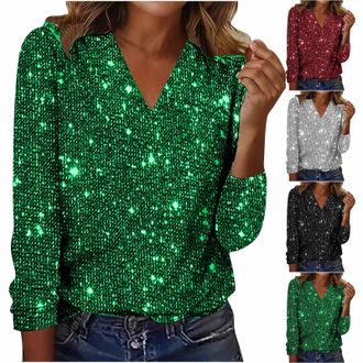 Generic Ladies Christmas Tops Tops for Women UK Sparkly V Neck Long Sleeve Party Shirts Sequin Shinny Cocktail Tees Glitter Fashion Holiday Night Club Gifts G