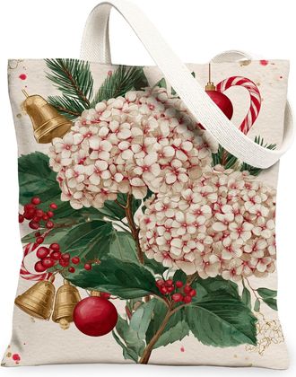 Generic Christmas Floral Canvas Tote Bags, Vintage Elegant Plant Design Reusable Grocery Bags, Lightweight Washable Shoulder Strap Canvas for Holiday Travel B