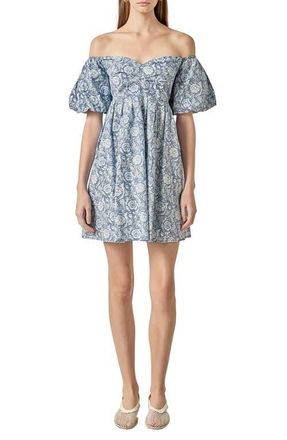 English Factory Floral Off the Shoulder Cotton Minidress in Blue at Nordstrom, Size Xx-Small