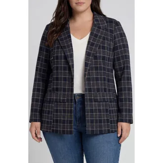 Liverpool L.A. Plaid Boyfriend Blazer in Navy/tan Plaid at Nordstrom, Size 1X