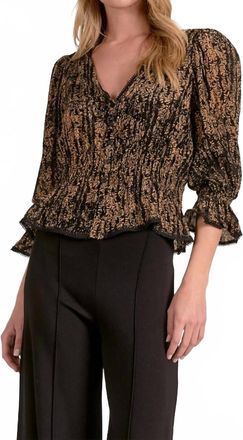Elan Autumn Blouse Smocked Ruffle Long Sleeve Top In Gold Wisteria