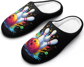 Generic Colorful Bowling Day Mens House Slippers Memory Foam Washable Cotton Slip on Home Shoes