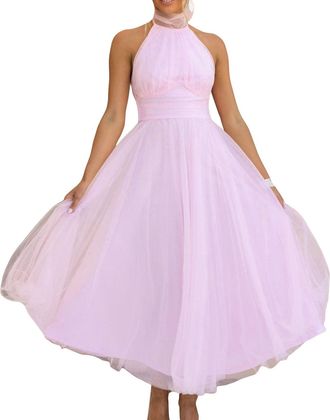 Generic Felcia Womens Bodycon Maxi Dress Halter Neck Backless High Waist A Line Dress Elegant Evening Cocktail Party Wedding Tulle Dress (A-Pink, L)