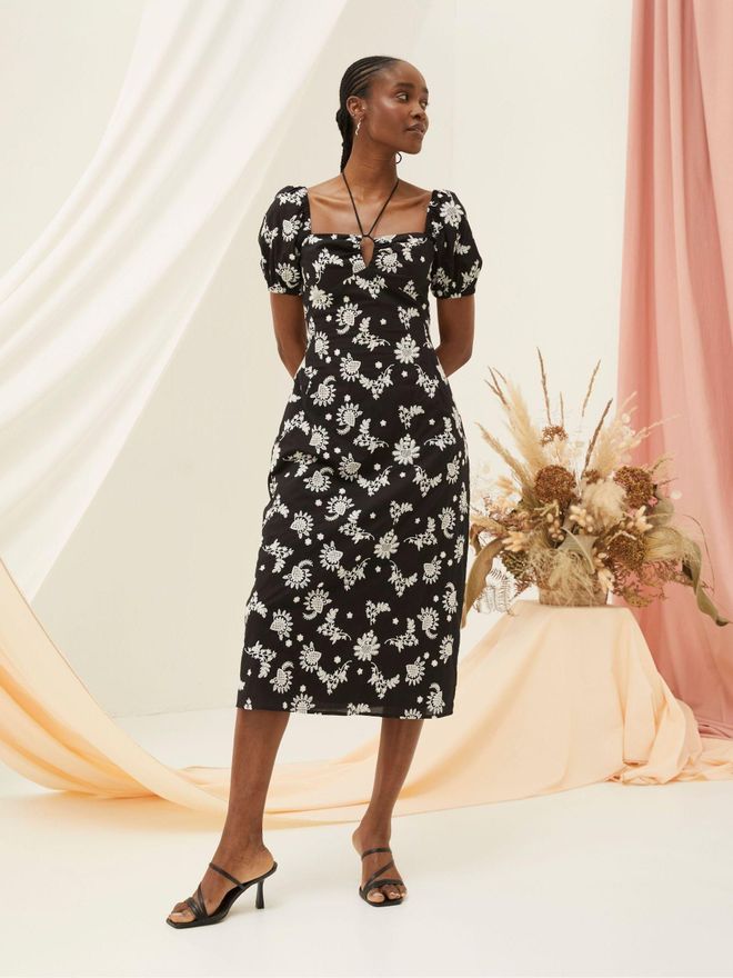 FatFace Black Lotus Embroidered Midi Dress