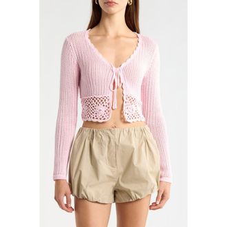 All in Favor Crochet Detail Tie Front Sweater in Light Pink at Nordstrom Rack, Size X-Large