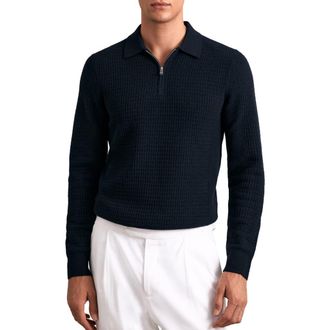 Reiss Hamilton Textured Long Sleeve Wool Quarter Zip Polo in Navy at Nordstrom, Size X-Large