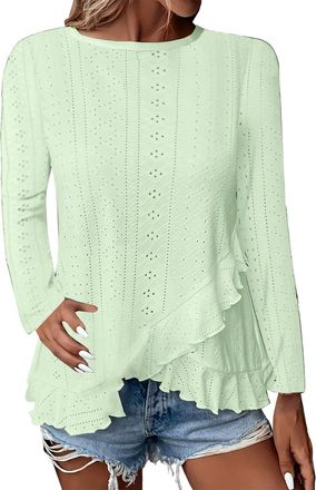 Generic Summer Elegant Eyelet Blouse Shirt 2025 Blouses for Women Casual Crew Neck Eyelet Tops Long Sleeve Shirts Tunics with Curved (Mint Green, S)