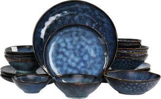 Elama Lucca 20 Piece Round Stoneware Triple Bowl Dinnerware Set in Reactive Glaze Blue