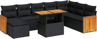 vidaXL Set Sof&aacute;s Jard&iacute;n Y Cojines 9 Pzas Rat&aacute;n Sint&eacute;tico Acacia Negro Vidaxl