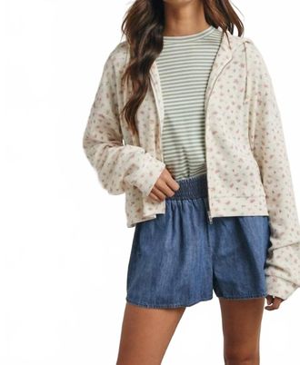Wishlist Floral Waffle Knit Hooded Jacket In Cream/rose