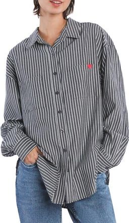 BILLY T What? Stripe Embroidered Graphic Button-Up Shirt in Ink Stripe at Nordstrom, Size X-Small