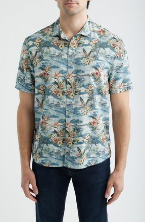 Johnnie-O Almanzo Tropical Print Cotton Blend Sport Shirt in Laguna Blue at Nordstrom, Size Xx-Large