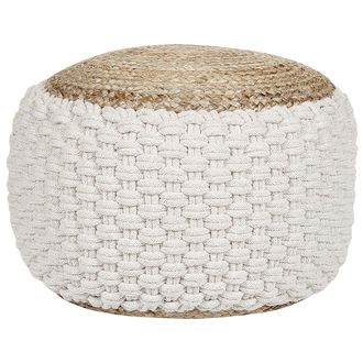 Beliani Puf Redondo De Algod&oacute;n Blanco Y Beige Estilo Boho Natural 50 Cm Aiza
