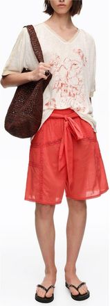 Bimba & Lola Cotton Pleated Bermuda Shorts with Lace Trim in Coral at Nordstrom, Size Medium