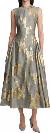 Lela Rose Floral Fil Coupe Sleeveless A-Line Midi Dress In Gold Grey