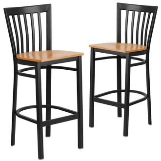 Flash Furniture 2 Pk. Black School House Back Metal Restaurant Barstool - Natural Wood Seat