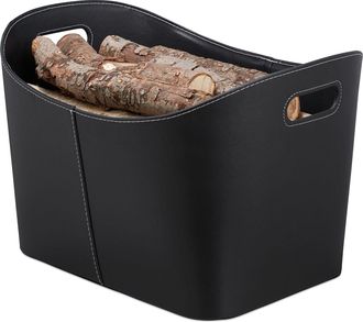 Relaxdays Cesta Le&ntilde;a Con Asas, Le&ntilde;ero Interior, Cuero Sint&eacute;tico, 35,5 X 55 X 42,5 Cm, Negro - Relaxdays