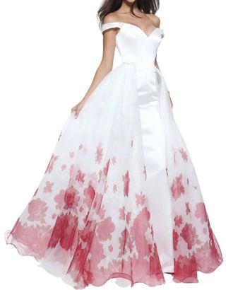 Sherri Hill Satin Floral Prom Dress In Ivory/red Print