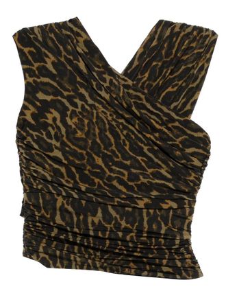 Ganni Printed Shiny Jersey Sleeveless Ruched Blouse