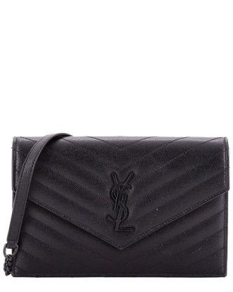 Saint Laurent Black Matelasse Chevron Leather Classic Monogram Wallet On Chain Small (Authentic Pre-Loved)