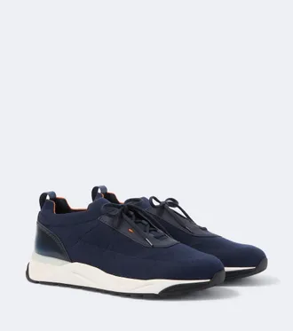 Santoni Leather-trimmed knitted sneakers