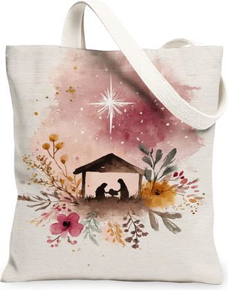 Generic Floral Canvas Tote Bags, Winter Holiday Nature Print Reusable Bags, Vintage Lightweight Washable Shoulder Strap Canvas for, Natural, 13x15 Inch