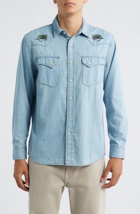 Pendleton Gambler Embroidered Snap-Up Chambray Shirt in Light Denim/Salmon at Nordstrom, Size Xx-Large
