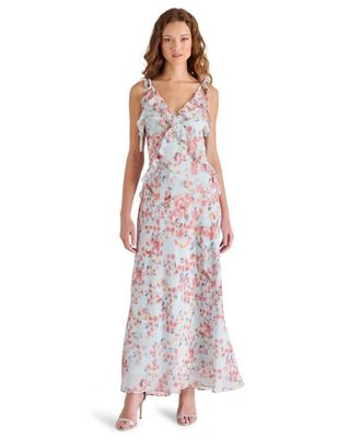 Steve Madden Adalina Maxi Dress Womens Iris Blue Floral Ruffle Trim PAL101