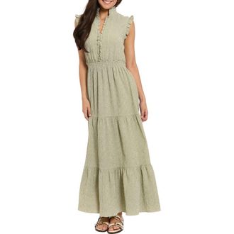 London Times Ruffle Sleeveless Tiered Maxi Dress in Olive Green/Ivory at Nordstrom Rack, Size 10P
