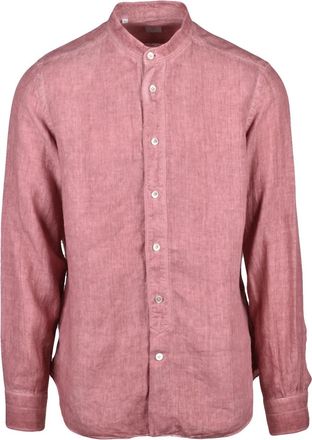 Eleventy Brown Mandarin Collar Linen Shirt
