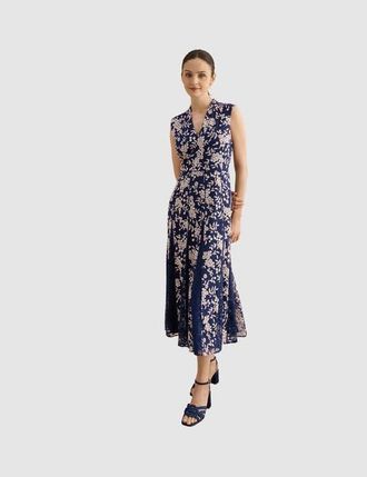 Hobbs London Quin Sleeveless V-Neck Embroidered Dress in Midnight Blush at Nordstrom, Size 16