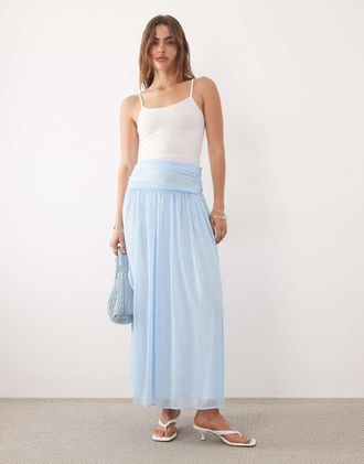 Asos Gonna lunga in chiffon blu con vita arricciata in coordinato