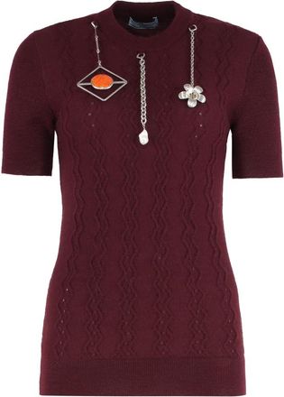Prada Kortgebreide wollen trui met hangers - Dames - Ronde hals truien - Rood - M - Wol - Truien & Vesten