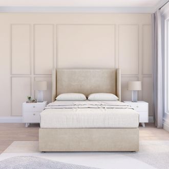 Sloomy Devonshire Plush Wingback Bed Set, No Drawers & 54 Floor Standing Headboard in Cream | Size: Single