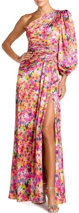 Mac Duggal Floral One-Sleeve Charmeuse Gown with Slit in Multi at Nordstrom, Size X-Large