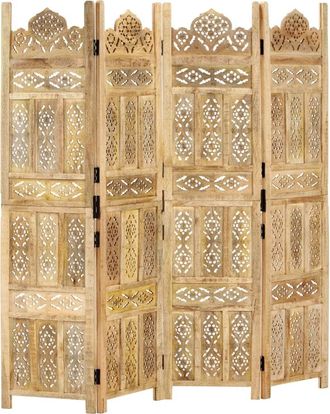 vidaXL Biombo 4 Paneles Tallado A Mano Madera Maciza Mango 160x165 Cm Vidaxl