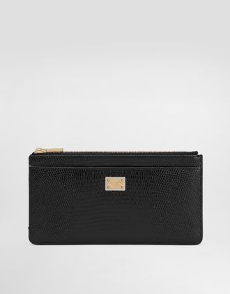 Dolce & Gabbana Iguana-print Leather Card Holder With Plate - Woman Wallets And Small Leather Goods Black Leather Onesize