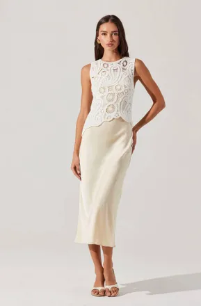Astr Martina Crochet-Layered Satin Dress In White Champagne