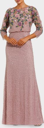 Mac Duggal Floral Beaded Mesh Gown