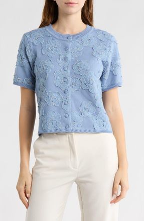 Elie Tahari Floral Embroidered Sweater Cardigan in Chambray Blue at Nordstrom Rack, Size X-Small