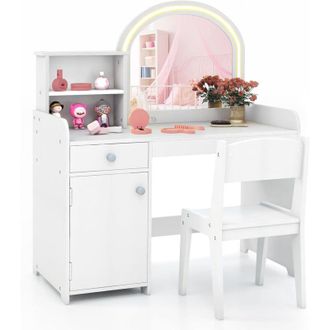 Costway Costway - 2 en 1 Bureau Enfants avec Chaise & 120 Lumi&egrave;res led, Coiffeuse Enfants Fille avec Miroir Acrylique, 2 Etag&egrave;res & Tiroir, Dispositif