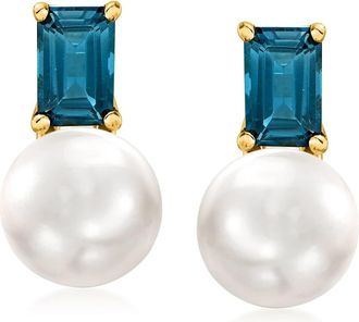 Ross-Simons 8-8.5mm Cultured Pearl and London Blue Topaz Earrings in 18kt Gold Over Sterling
