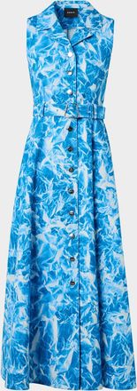 Akris Whitecaps Print Denim Belted Midi Shirtdress