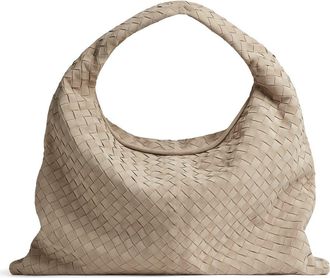 Bottega Veneta Large Hop Intrecciato Suede Hobo Bag in 9614 Ecru-Muse Brass at Nordstrom